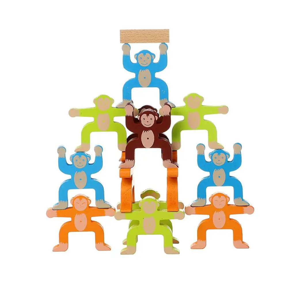 Monkeys Wooden Stacking Blocks Balancing Game Sorting Toy Building