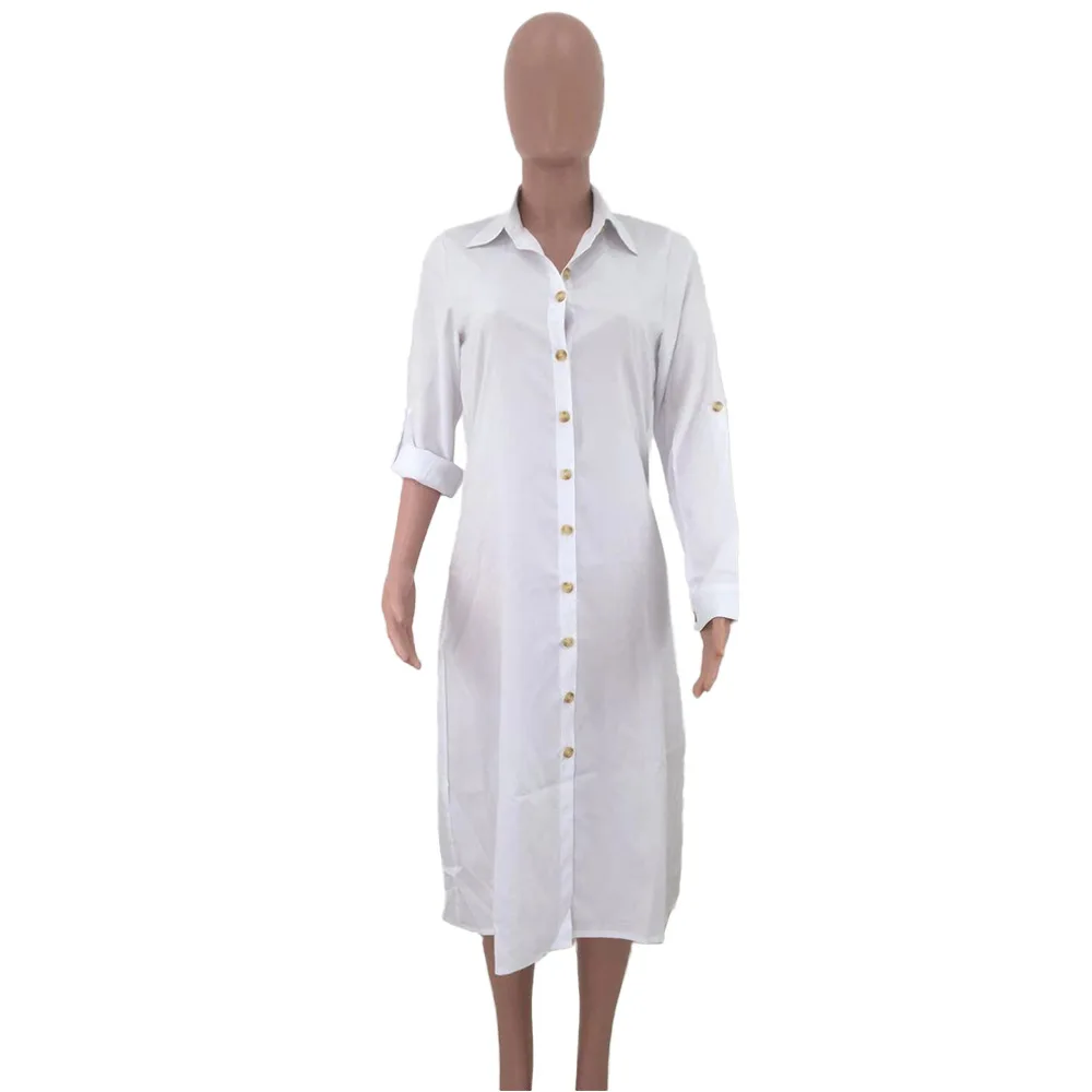 White Shirt Dresses Casual Button Up Long Sleeves Mid Calf African Fashion Women's Loose Robes Black Green africa clothing