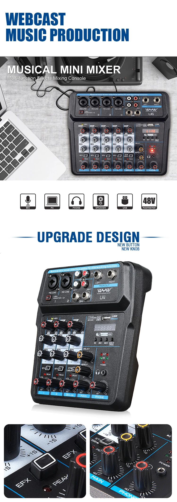 6 and 4 channel USB audio mixer console