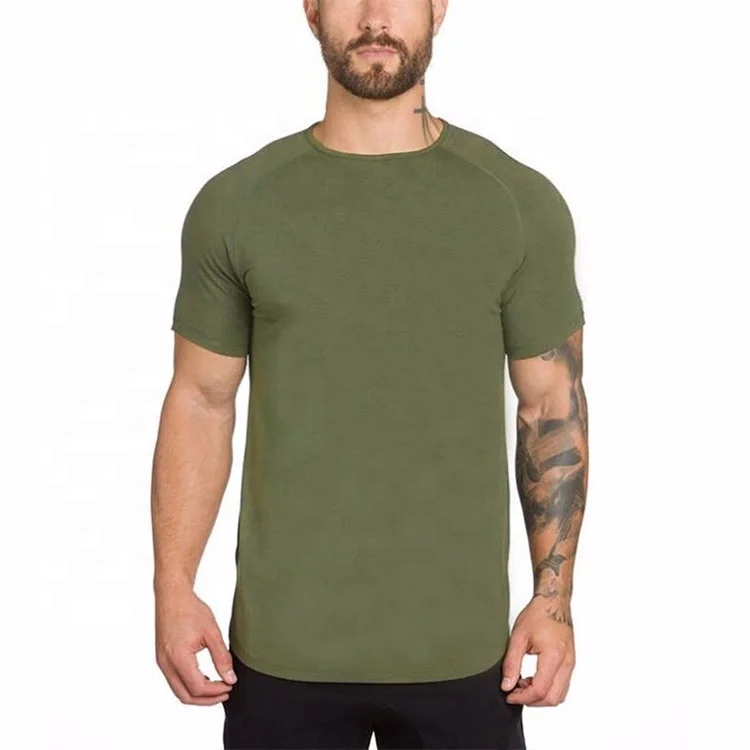 Fitness Solid Cotton Spandex Round Neck Curve Bottom Gym Tee Side Split