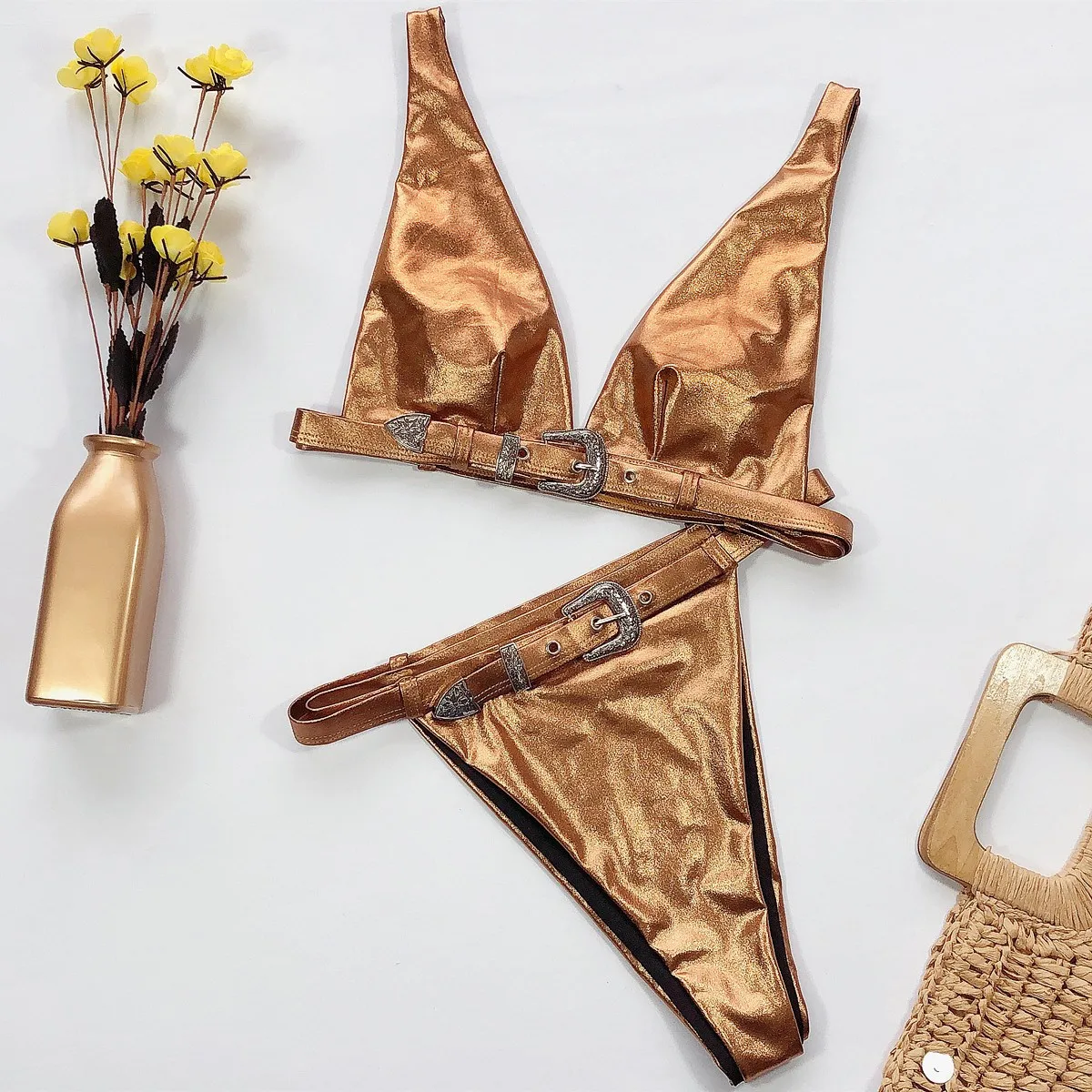 gx630 批发腰带金色泳装性感丁字裤金属比基尼连体泳衣 2020