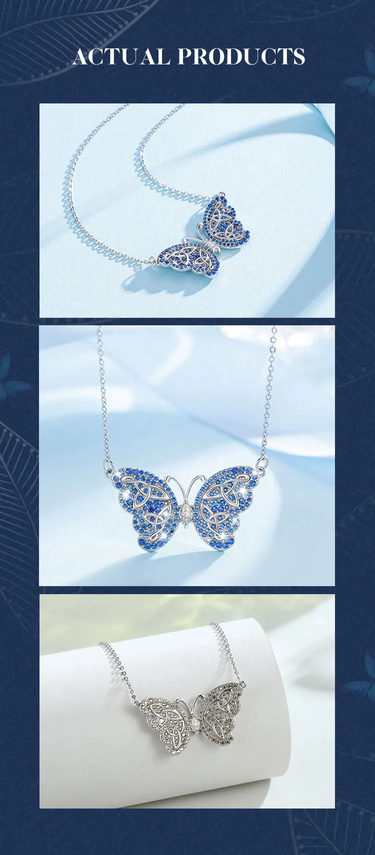 merryshine 925 纯银首饰女cz定制蓝色蝴蝶吊坠项链