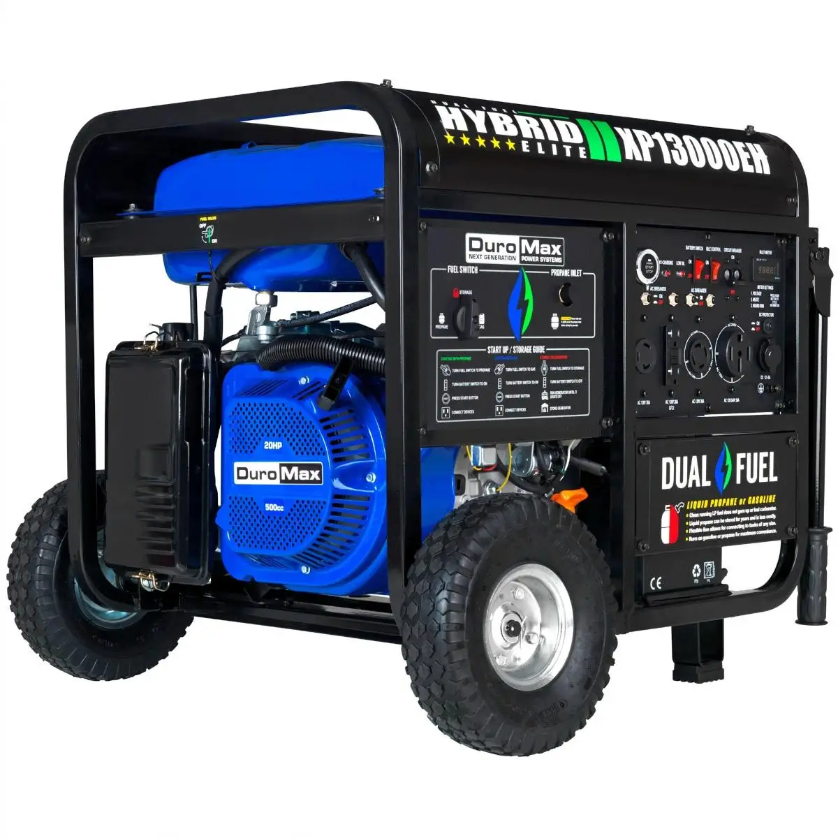Dual-fuel 13,000-watt generator with NEMA 14-50R outlet, control panel, and wheel kit