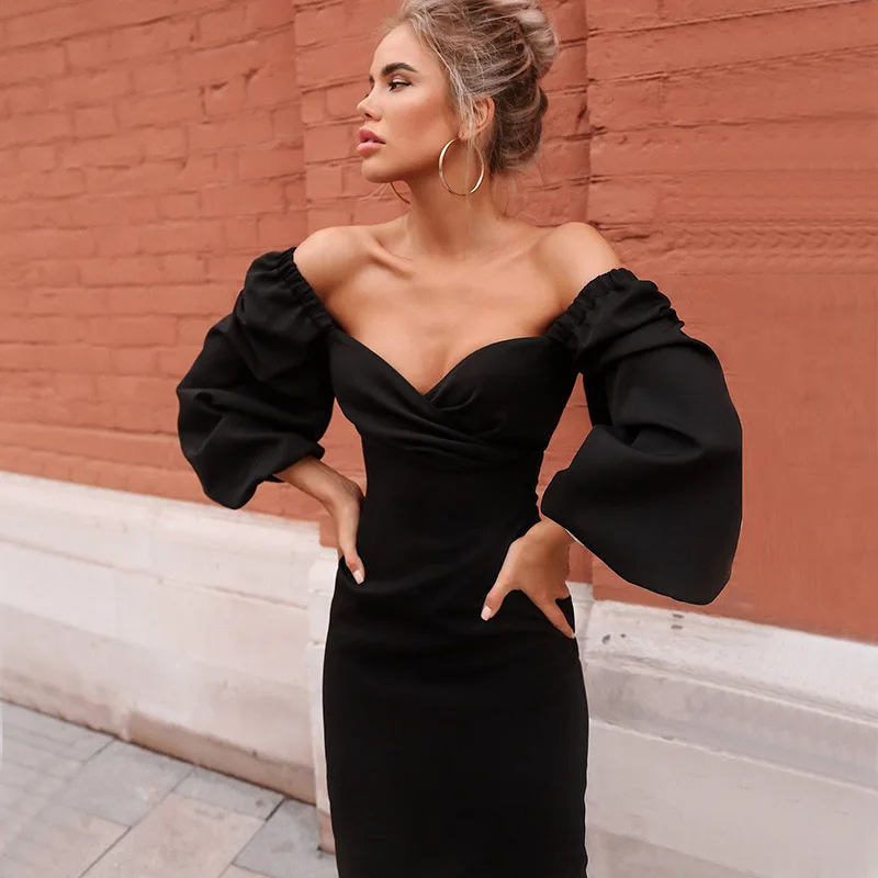 Wholesale 2021 new fashion boutique women clothing off shoulder long lantern sleeve long slim fit party dress evening