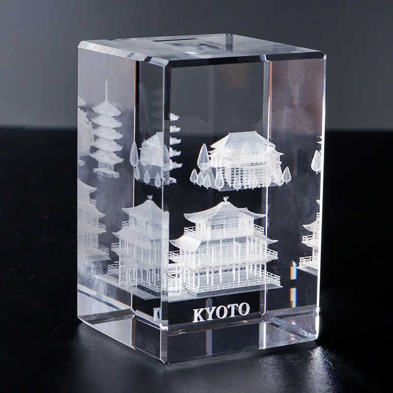 K9 Crystal Cube Tower Small Quartz Glass Sculpture Laser Engraved Famous Kyoto Building Mascot Flower Carved Tourist Souvenir details