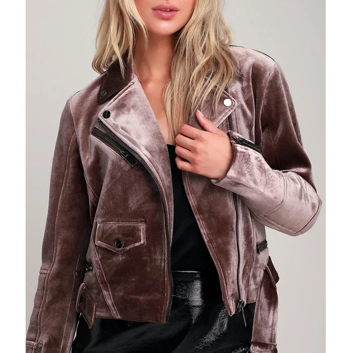 Cropped Velvet Moto Jacket Women's Pink 