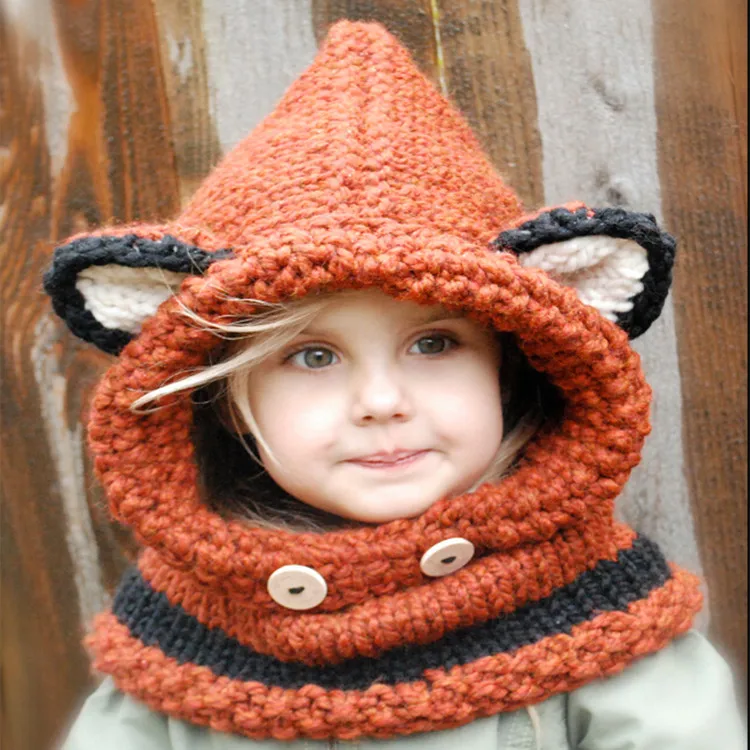 N644  Handmade Kids (1~10years)Cute cap Fox knit hat earflap Bun hat warm Beanie winter hats for baby boys girls