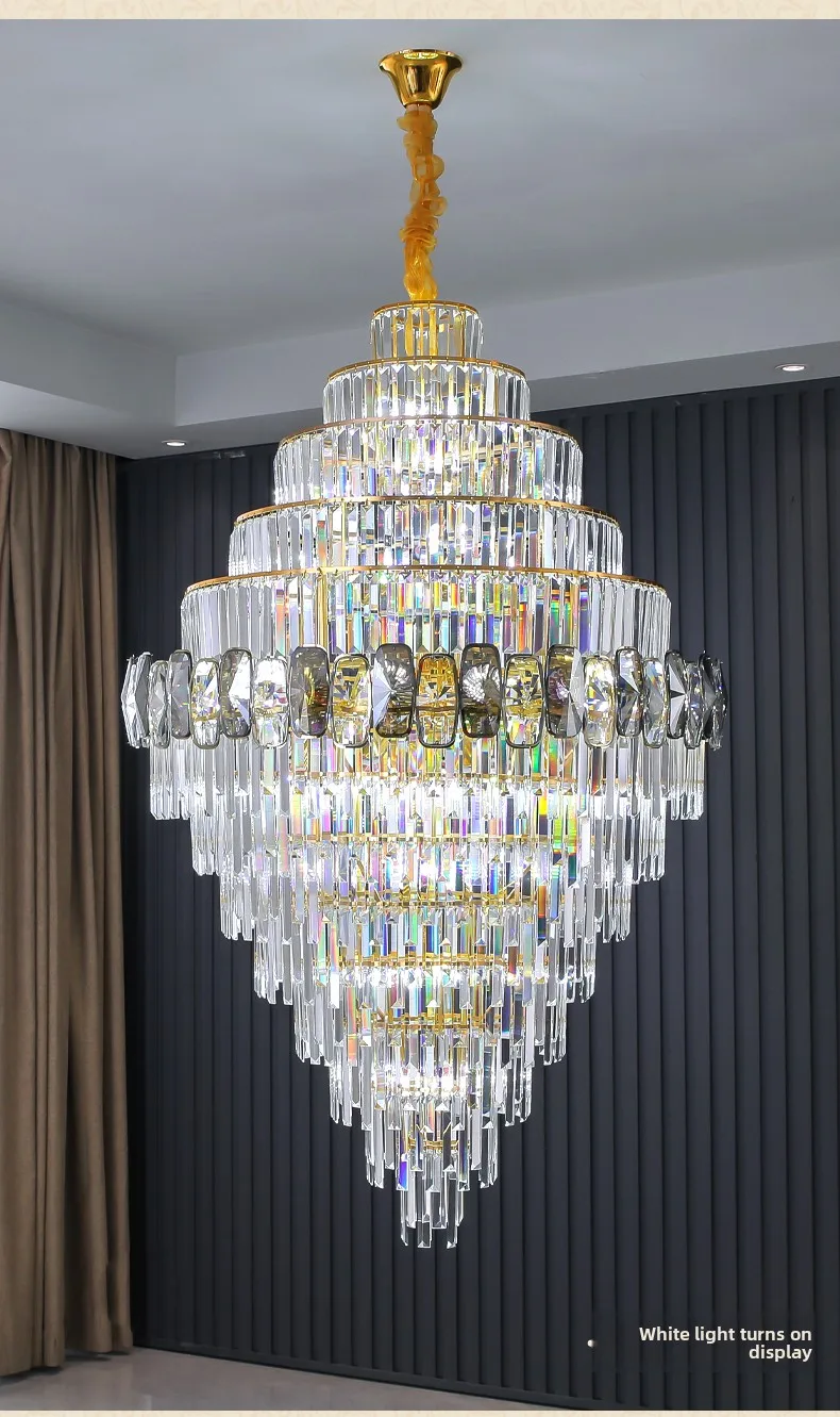 product luxury gold crystal chandelier pendant light for hotel villa living room stairs adjustable height iron ceiling installation-7