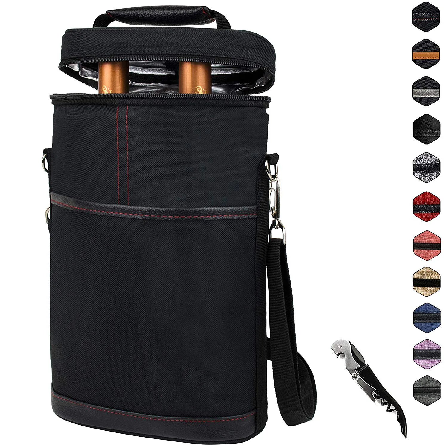 2 bottle insulated wine tote bag Perfect Wine Lovers Gift Great for Picnics and Outdoor Entertaining Wine Carrier Travel Padded Cooler Bag with Shoulder Strap & Corkscrew Opener 