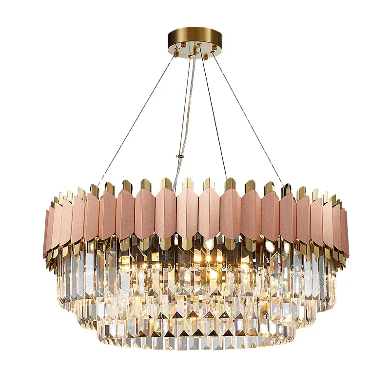 China guzhen wrought iron round living room modern pendant lights pink metal decorative luxury k9 crystal chandelier for home