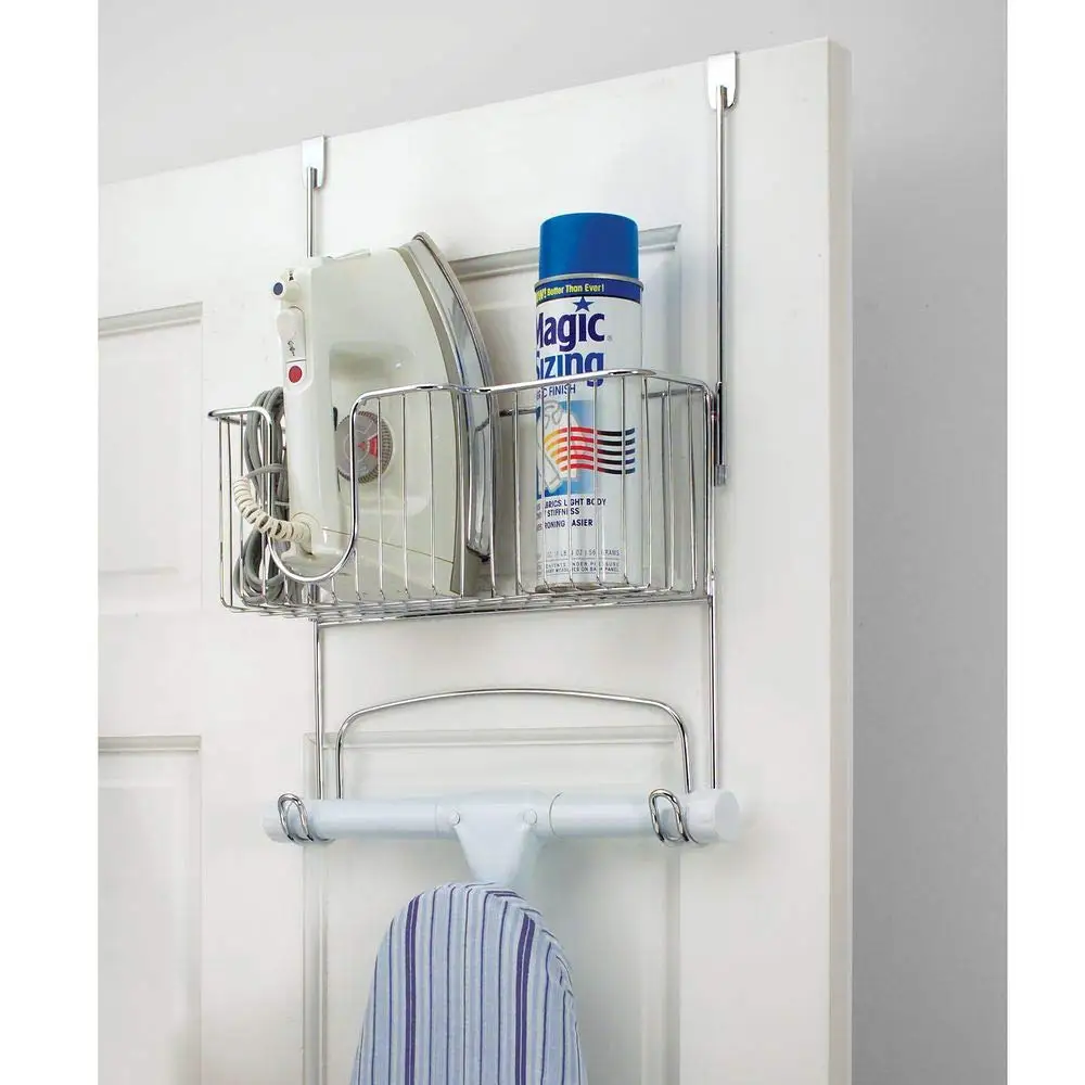 Chrome Wire Wall Mount Over The Door Ironing Board Holder With Storage