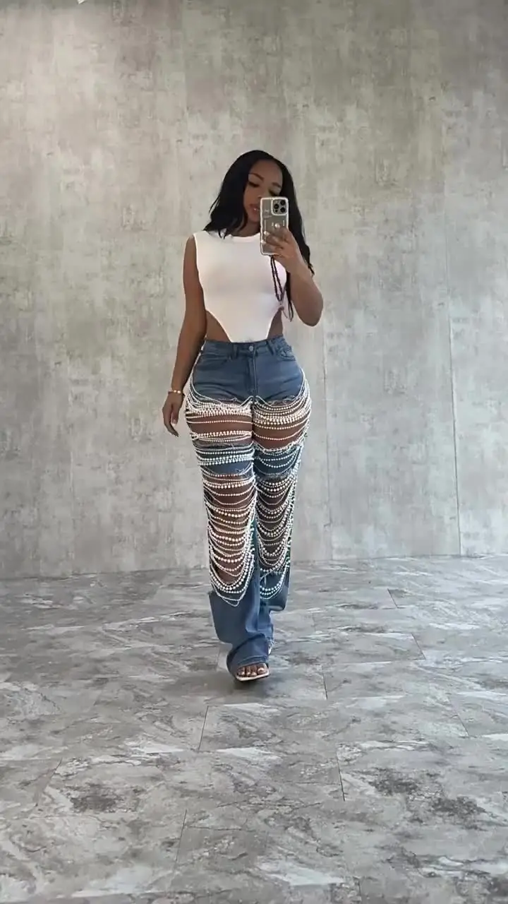 Spicy Girl Summer Pants Light Blue Women's Jeans With Rhinestones