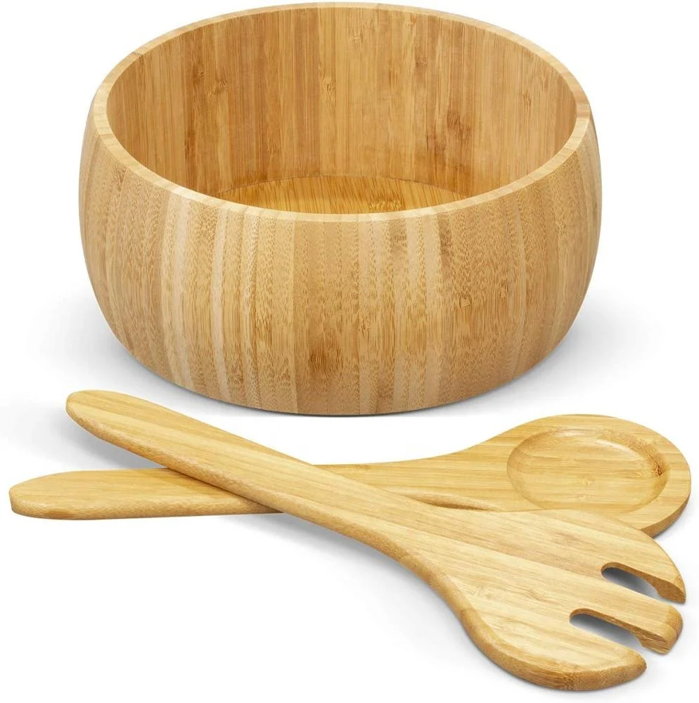 Natural Bamboo 3 Piece Salad Bowl Set Including Bowl And Serve Spoon 