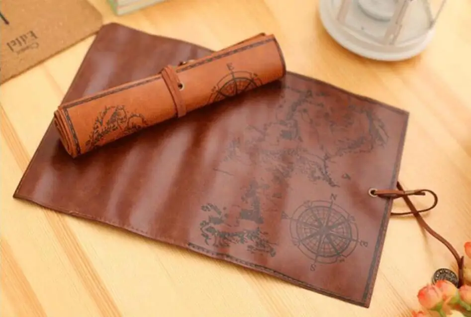 Hot Vintage PU Leather Cosmetic Bag Luxury Treasure Map Pencil Cases Roll Pen Bag Pouch