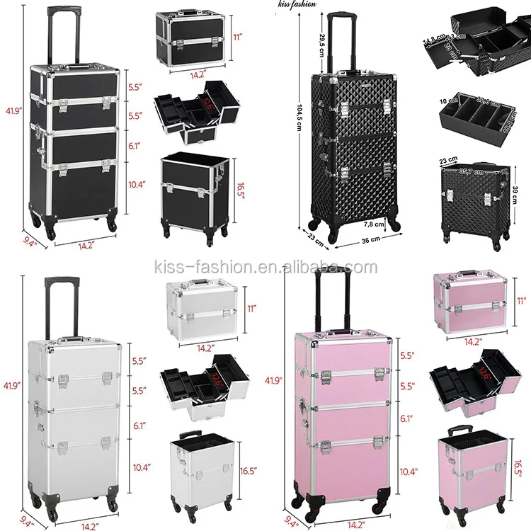 Trolley Aluminum Cosmetic Makeup Beauty Travel Vanity Train Case With