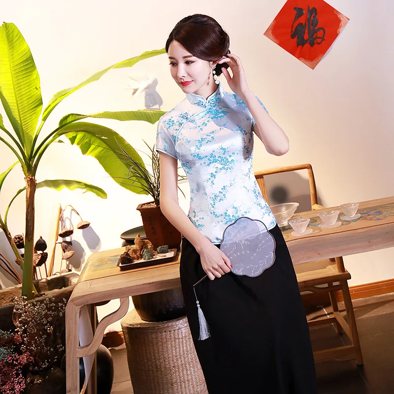Women Shirt Chinese Traditional Tops Summer Blouse Short Sleeve Slim Plus Size 