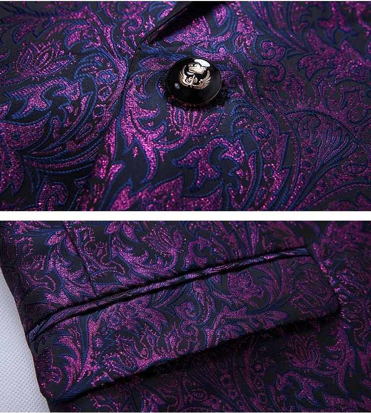 Purple Paisley Floral One Button Suits Jacket Pants Men Stage Party Wedding Groom Suit