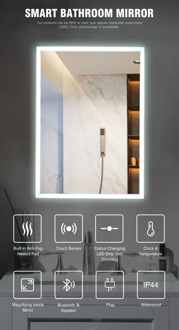 Hotel Lighted Bluetooth Makeup Shower Mirror Lamp Led Glass Smart Bathroom Mirror