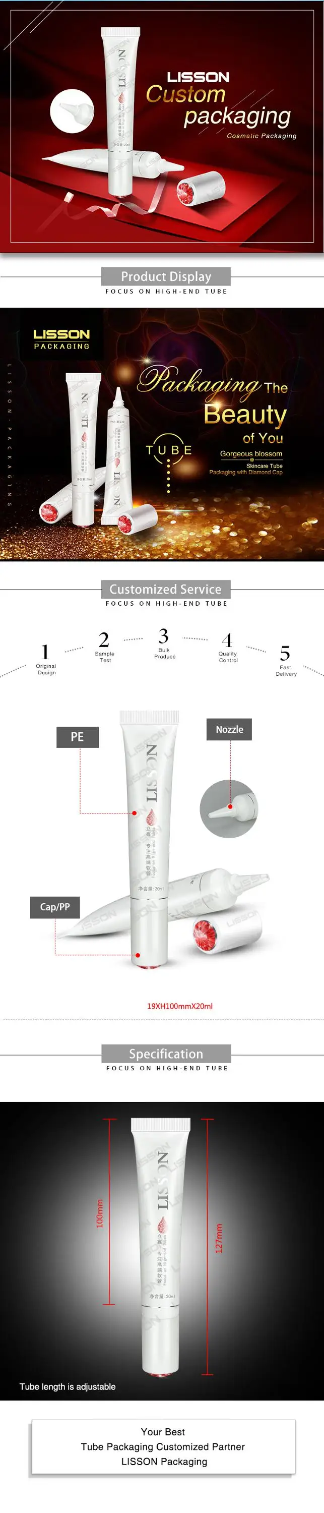 New Style Long Nozzle Eye Cream Tube 5ml - 30ml PE Tube Cosmetic Packaging with Diamond-shaped Head
