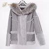 Winter Wew women's Clothes Wool S;iver Fox Fur Collar Shearling Trim Coat Wool Overcoat Jacket
