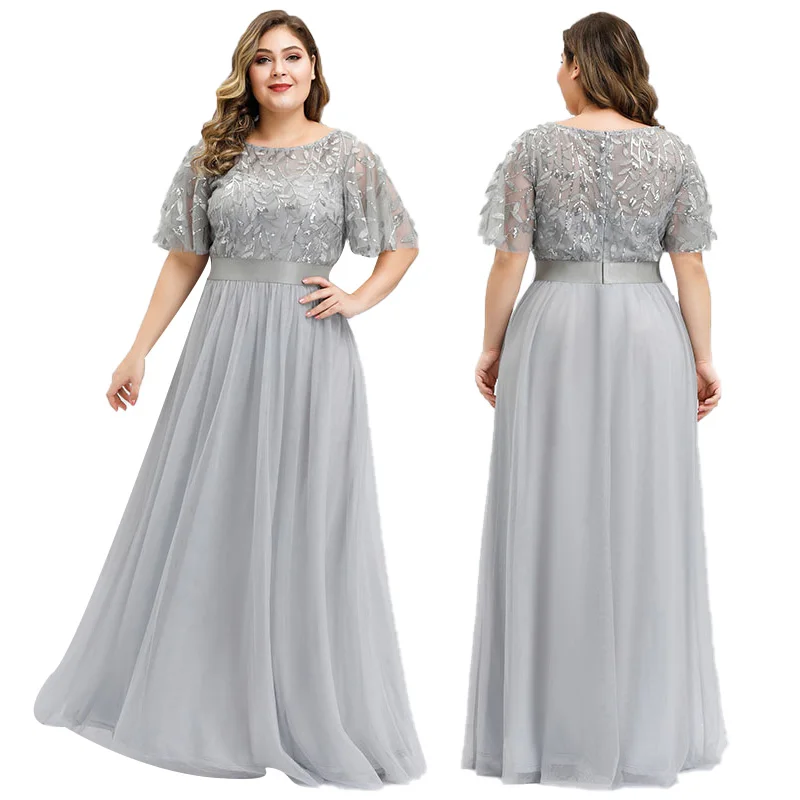 
Plus Size Fat Ladies Elegant Solid Color Embroidery Lace Mesh dresses Short Sleeve Women Bridesmaid Formal Dress Evening Dress 