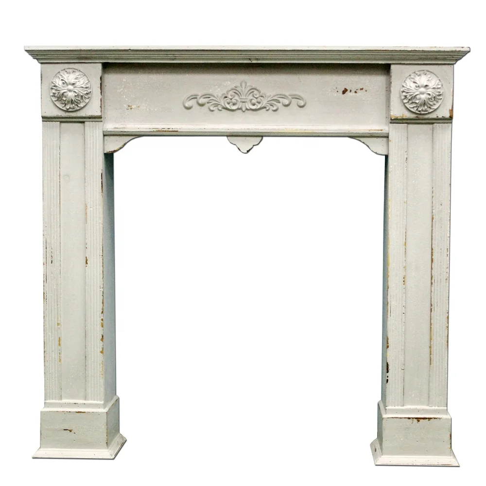 Luckywind Cheap Farmhouse Ruscic Indoor Freestanding Used Look Wood Fireplace Mantel White Resin
