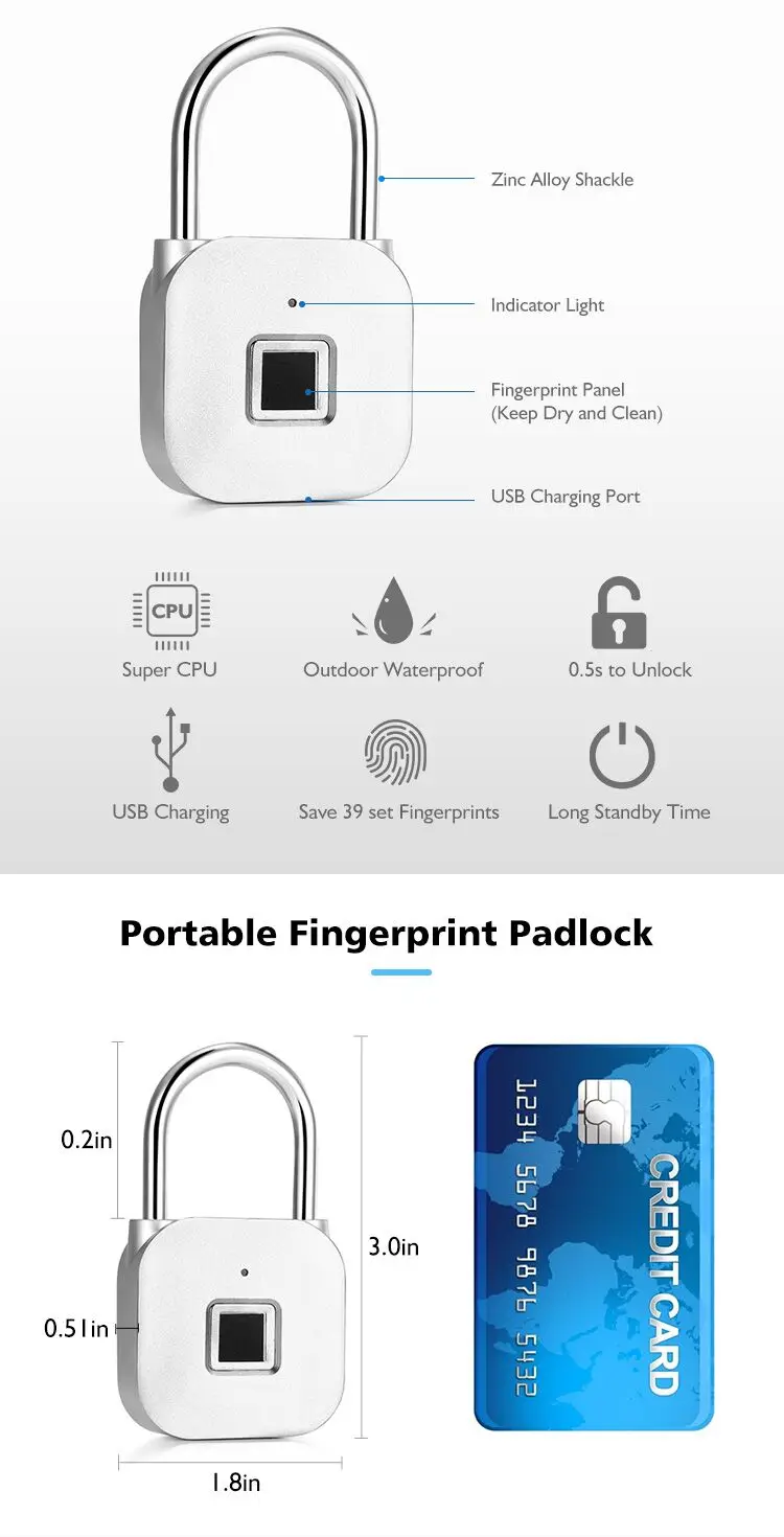 fashion micro anti-cut smart biometric keyless security metal padlock with multiple fingerprint reader