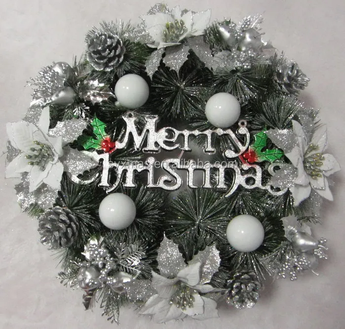with white glitter  nature pine cone with white glitter with white metal bell 45cm out Dia pine wreath