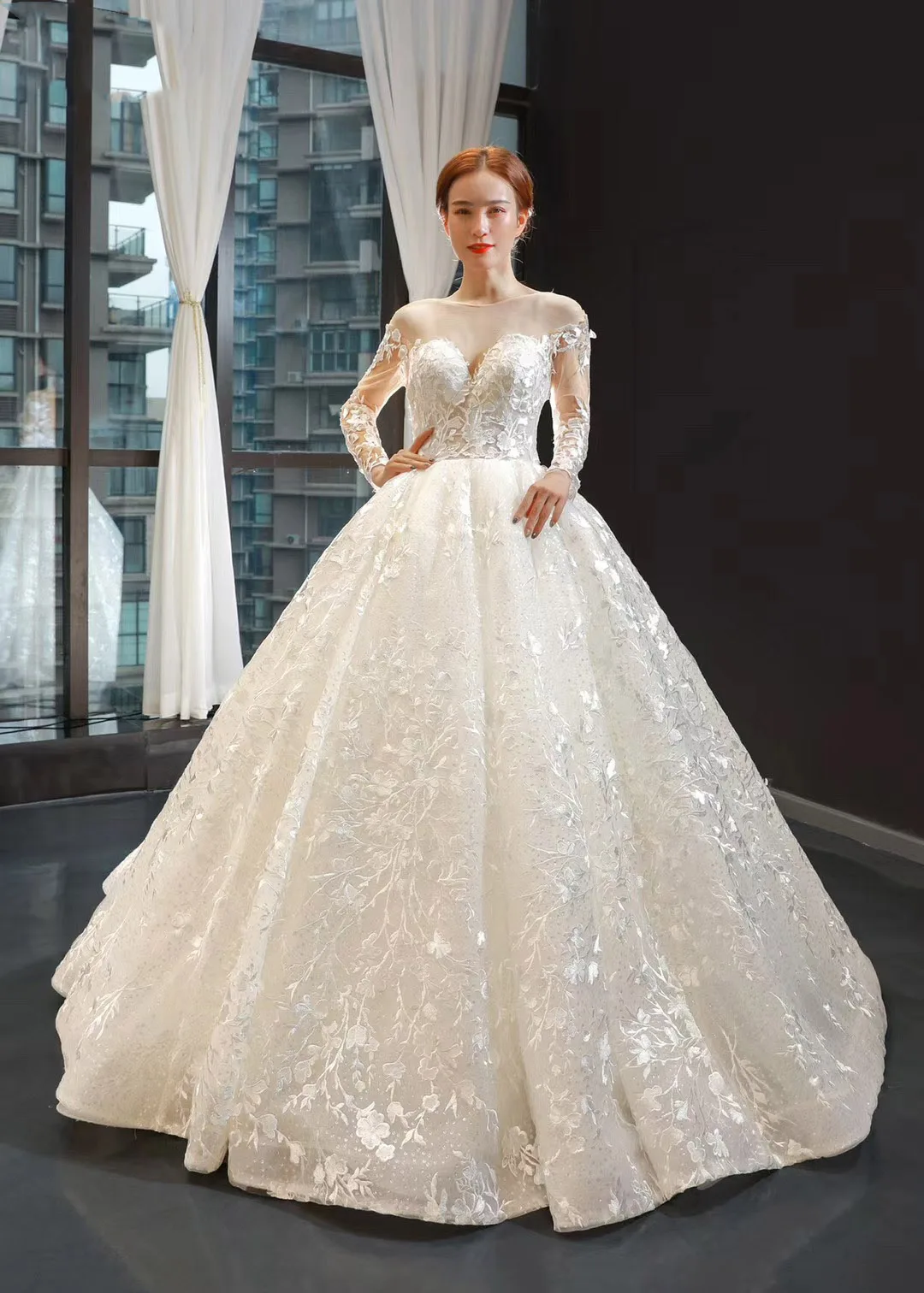 白色蕾丝优雅长袖串珠亮片舞会礼服派对晚礼服