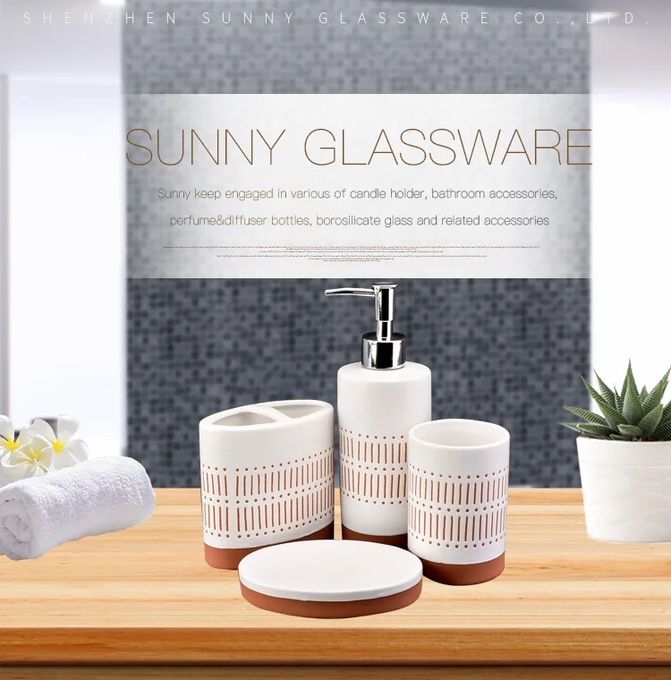 wholesale hotel ceramic multi function toothbrush holder lotion dispenser pump soap dish full set bathroom accessories