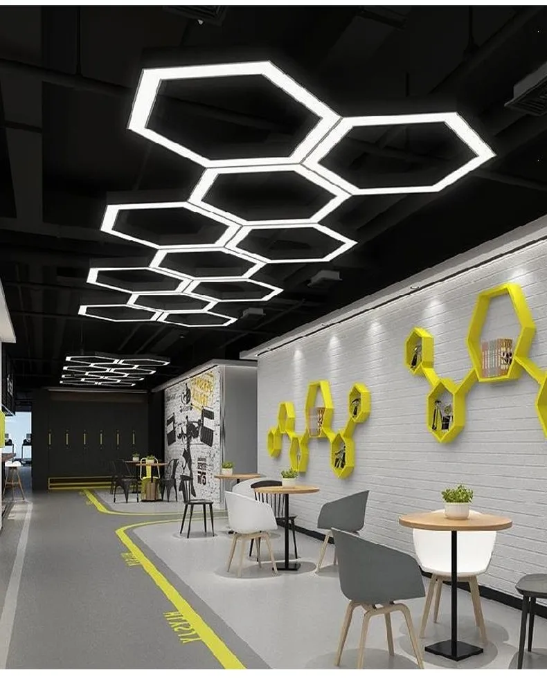 product creative shaped iron pmma hexagonal pendant light 6000k color temperature for office gym internet cafe mall industrial lighting-4