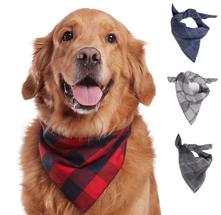 Goodluckpet 3pcs Triangle Bibs Reversible Plaid Printing Dog Kerchief Set Dog Bandanas Dog