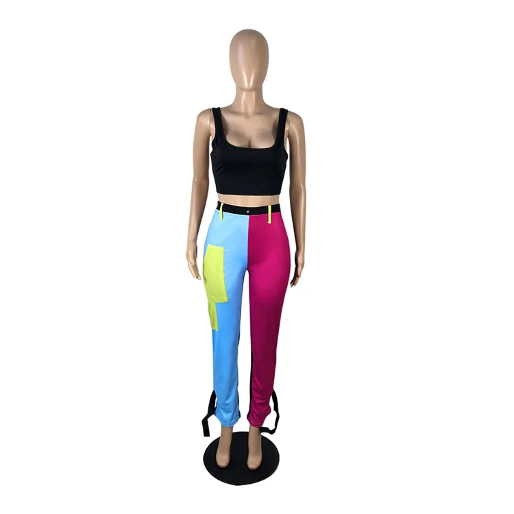 New Arrival 2 PCS Sweatsuit Patchwork Tank Top Long Pants Streetwear Summer Women Two Piece Set