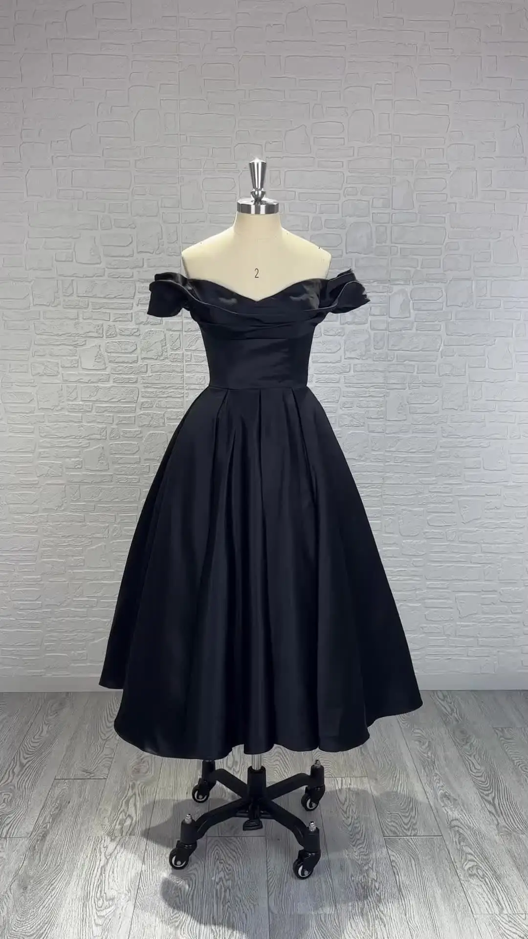 LY-PD0224 Modern Vintage Tea-Length A-Line Satin Bride Evening Gown  Off-the-Shoulder V-Neck Built-in Bra Customization Size