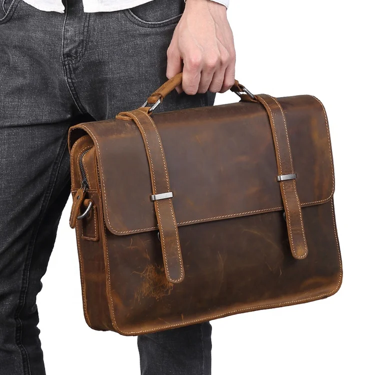 Men Business Briefcase Crazy Horse Genuine Leather Shoulder Portfolio Laptop Bag Document Bag Cow Leather Office H bag brown1