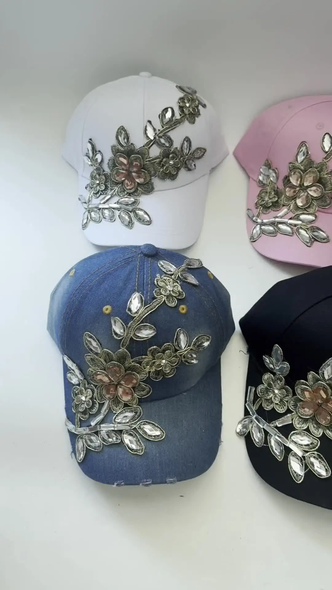 Jewel Rhinestone Bling Hats Jeans Wash Denim Womens Cute Lace Flowers  Baseball Cap