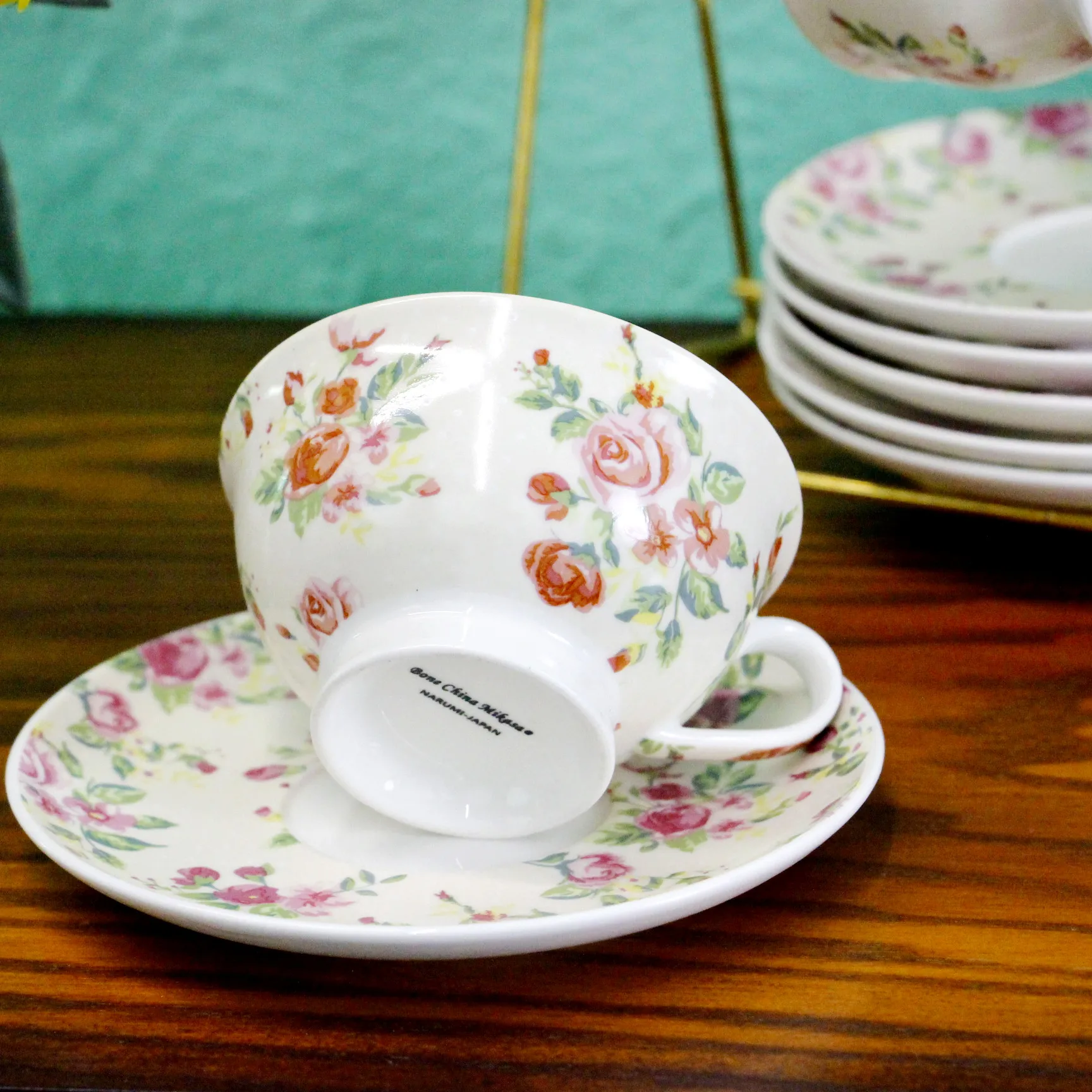 Ceramic Tea Cup and Saucer Set of 6 Floral Decal Design With Gold Rim ...