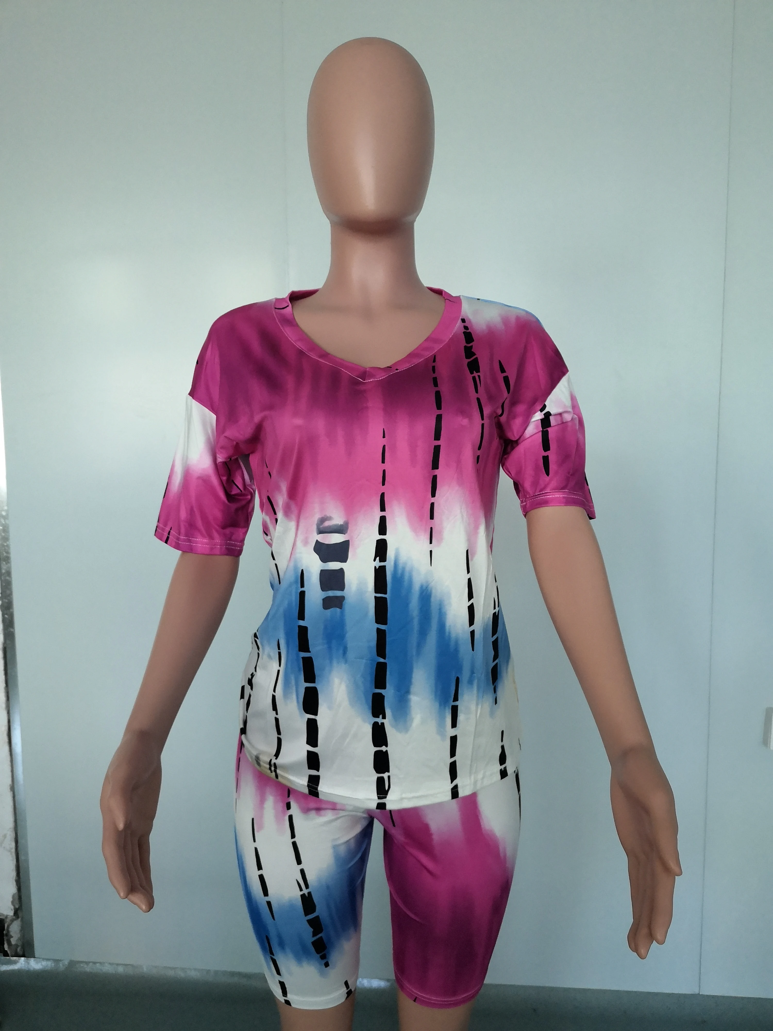 Wholesale 8555 Women Clothing  Tie-dye Short Sleeves Casual 2 Piece Women Outfit Two Pieces  Set