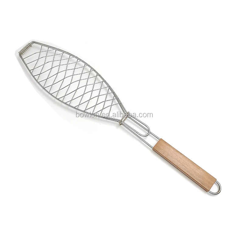 Hot Selling Single Fish Grill Basket Rack With Wood Handle,Non Stick
