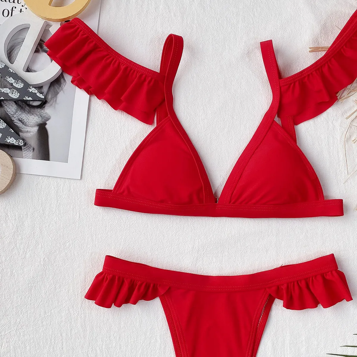 2021 Sexy Solid Bikini Set Women Solid Red Color Ruffle High Waist Swimwear Female Push Up 7423