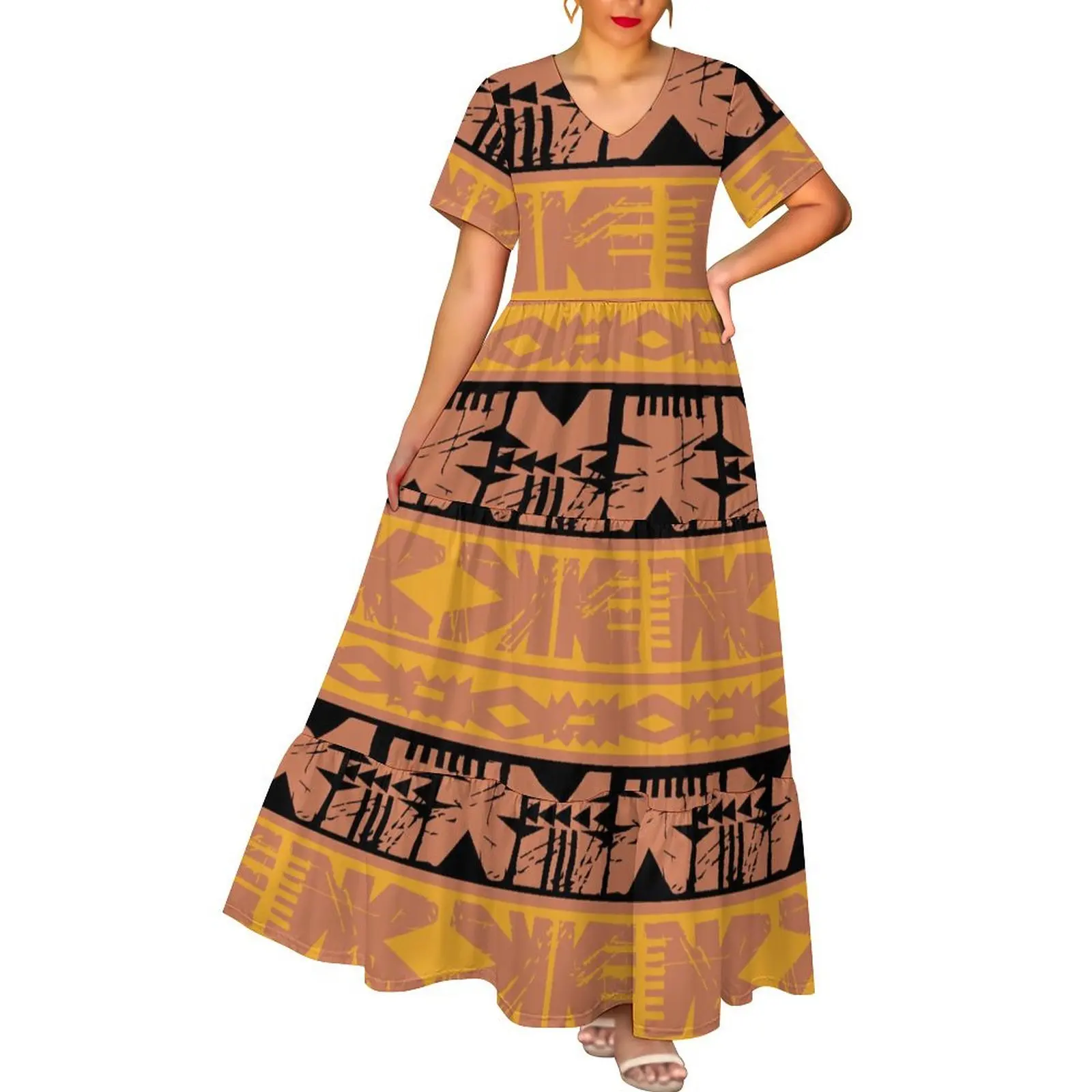 fijian dress designs 2024 New Design Fiji Pacific Island Pattern Hawaiian Style Deep V Neck Casual Elegant Ladies Full-size Maxi Customer:Platinum Camilla Dress - Small inclusive sizing Tapa cloth