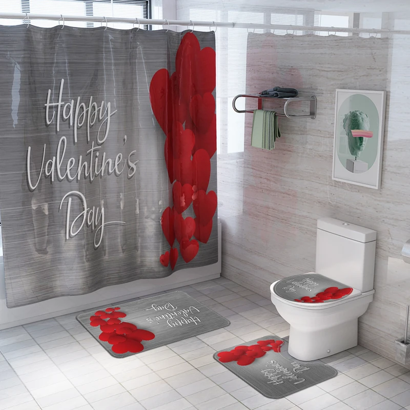 Valentine's day New Shower Curtain Lid Toilet Cover Bath Mat Rug with Hooks Bathroom Accessory Sets