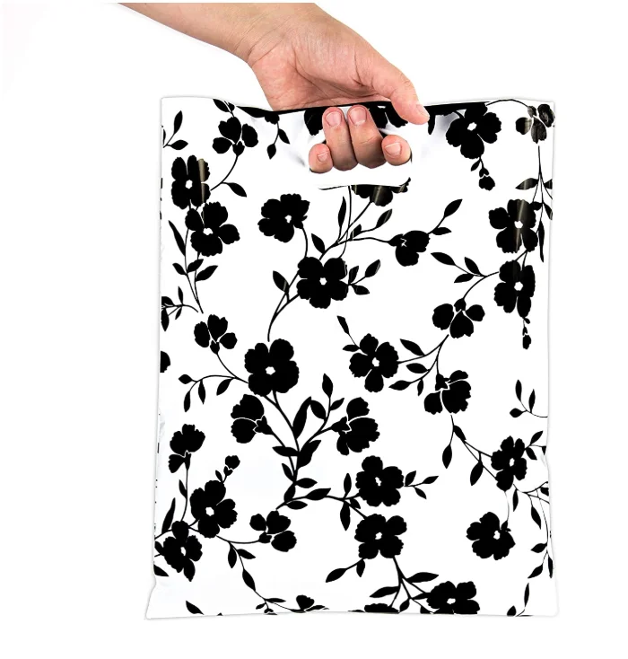 Biodegradable Plastic Merchandise Bags Black Floral Glossy Retail Shopping Bags For Boutique