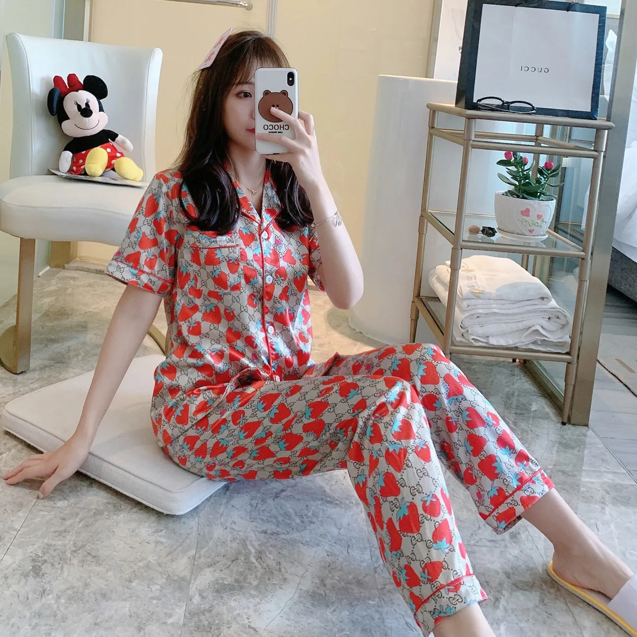 
Short-sleeved trousers suit ladies nightgown silk thin girl nightdress ice silk printing pajamas Cute sleepwear 