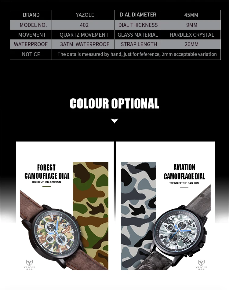 402 Latest camouflagedial fashion style men sport watch 3 atm water resistant wrist watch