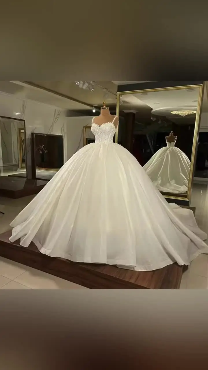 2025 Satin Floral Embroidered Beaded Lace Wedding Gown With Cathedral Train 2025 Satin Floral Embroidered Beaded Lace Wedding Gown With Cathedral Train