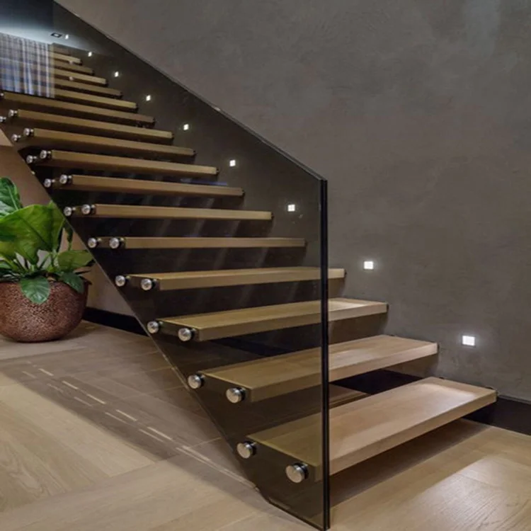 Prefab Modern Floating Wooden Staircase Frameless Railing Wood Straight Stairs