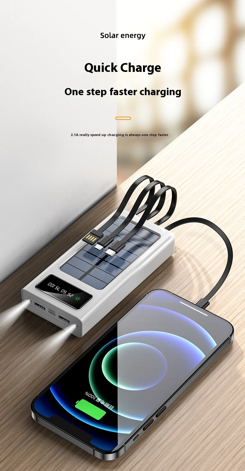 Wholesale 30000mAh Large Capacity Portable Charger 15W Output Built-In Four-Wire Solar Universal Mobile Wireless Charging Bank