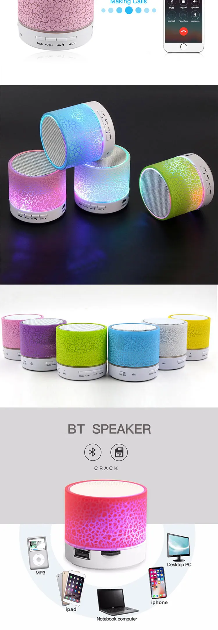 LED Light With TF USB Handsfree Bass BT Wireless Sound Box Portable Outdoor Mini Speaker - ANKUX.COM