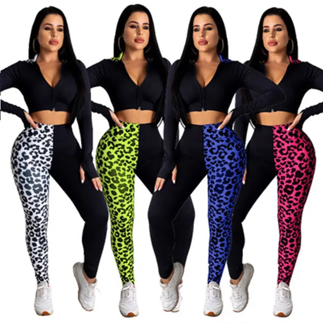 leopard Color Long Sleeve Hooded Sweatshirt Long Pencil Pants Woman Fashion Two Piece Sports Set Women Clothing